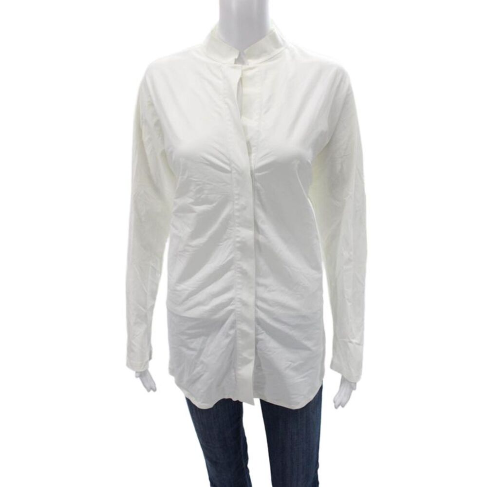 Aday Women Tunic Blouse White Collared Long Sleeve Nylon Blend Button Size XL